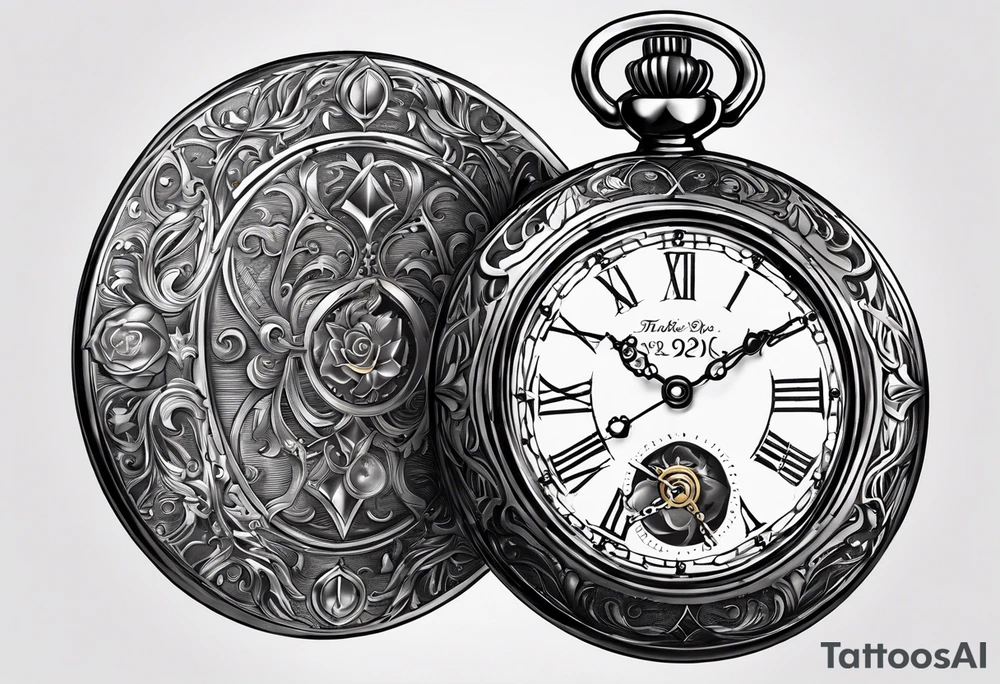 Pocket watch with chain and dates 28/08/1960-25/03/2024 written in it tattoo idea