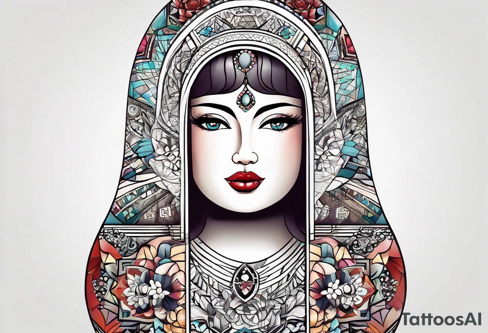 Russian doll with geometric patterns, with lots of designs around the doll tattoo idea