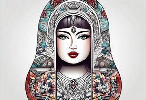 Russian doll with geometric patterns, with lots of designs around the doll tattoo idea