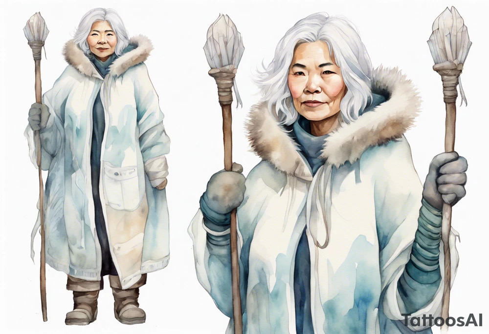 a middle aged Inuit woman with white hair, wearing mittens, mukluks, and a white cloak. Holding a white staff. Standing on an iceberg alone tattoo idea