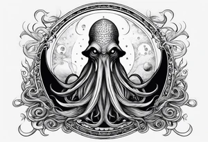 cthulu emerges from the water with the moon phases tattoo idea