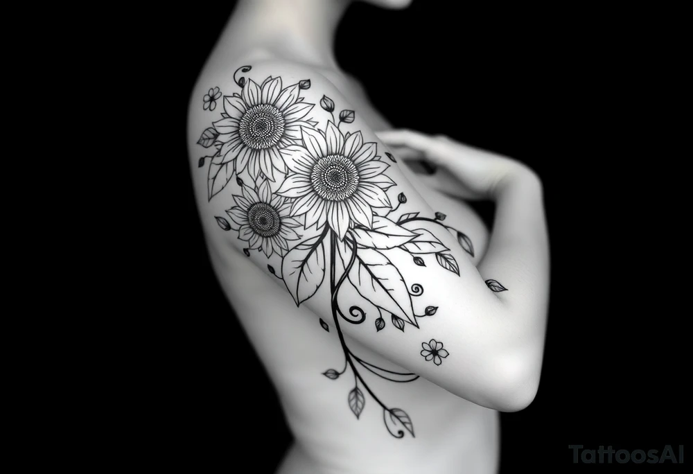 Bohemian, hippie sunflowers/mandalas growing along a swirly vine tattoo idea