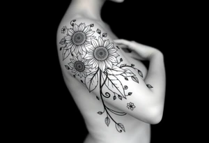 Bohemian, hippie sunflowers/mandalas growing along a swirly vine tattoo idea