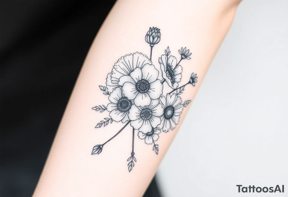 Bouquet of carnation, honeysuckle, poppy, aster and cosmos tattoo idea