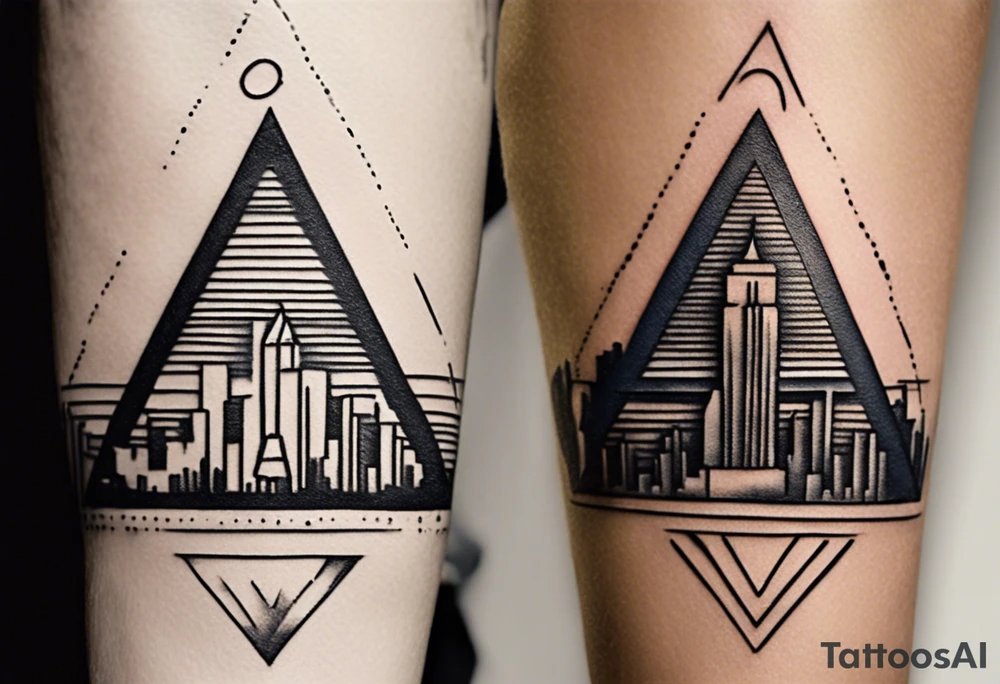 Create a visually dynamic tattoo that seamlessly blends the timeless elegance of the three Pyramids of Giza with the modern allure of the Manhattan skyline. Envision the pyramids standing majestically, perhaps incorporating subtle Egyptian motifs like hieroglyphs or an ankh, transitioning smoothly into the iconic structures of New York, such as the Empire State Building and One World Trade Center. tattoo idea