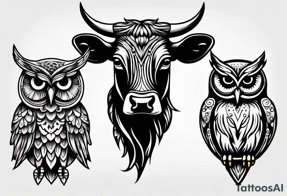 a cow and an owl standing next to each other tattoo idea