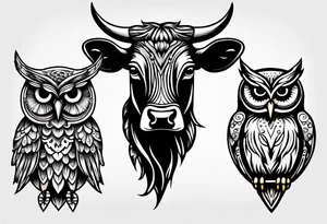 a cow and an owl standing next to each other tattoo idea