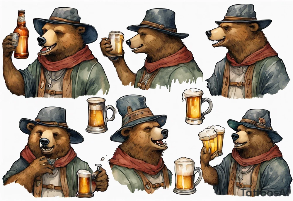 a medieval bear-human hybrid wearing a tunic and floppy hat and drinking from a pewter mug of beer in a tavern, smiling tattoo idea