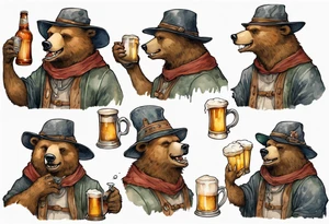 a medieval bear-human hybrid wearing a tunic and floppy hat and drinking from a pewter mug of beer in a tavern, smiling tattoo idea