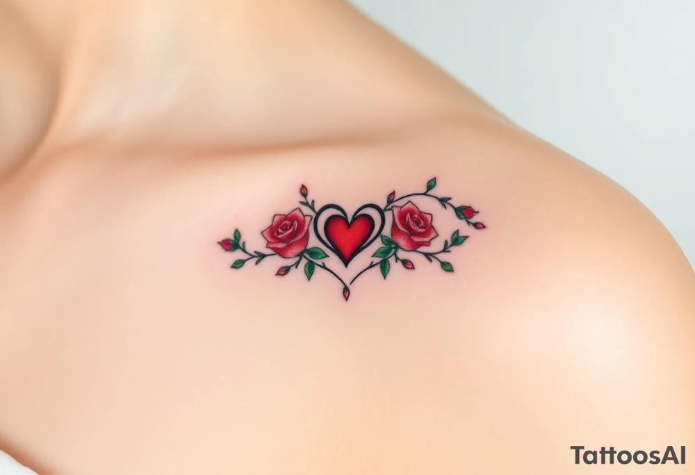 Full infinity symbol made out of vine banches with delicate roses and a heart at its center, in soft red and green hues tattoo idea