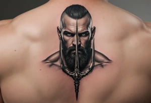 close-up muscular beardless man behind a trident tattoo idea