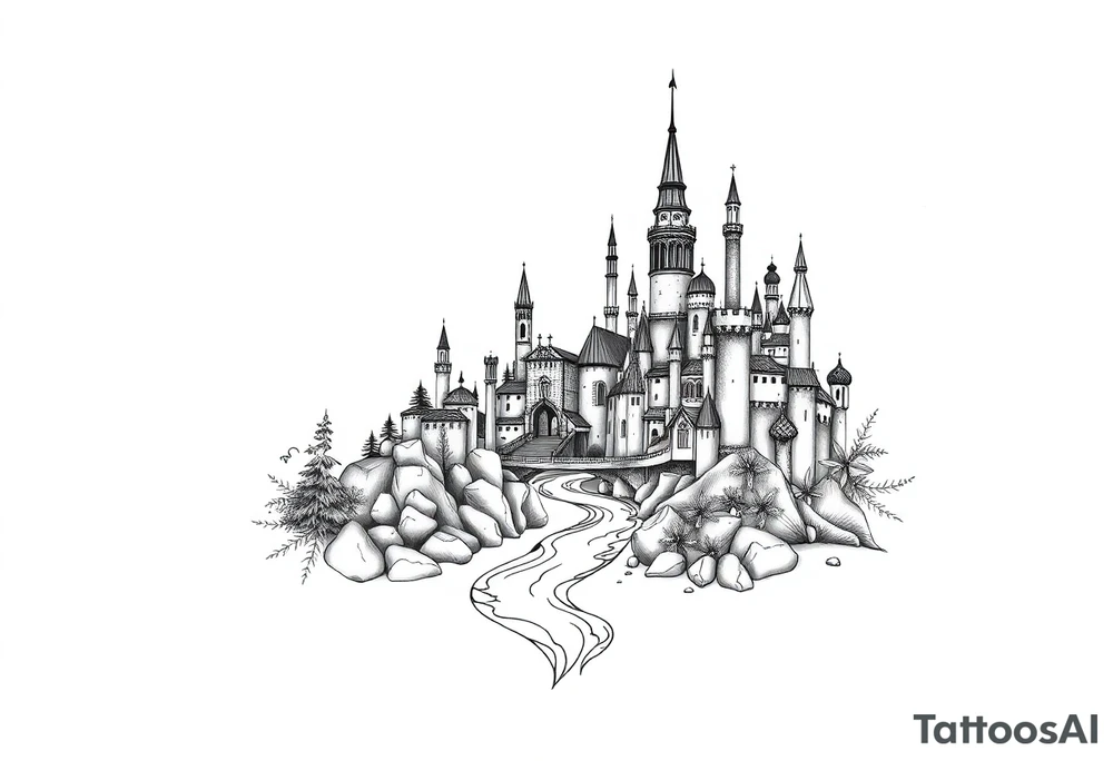 Magical fairy land city with river and bridge tattoo idea