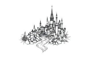 Magical fairy land city with river and bridge tattoo idea