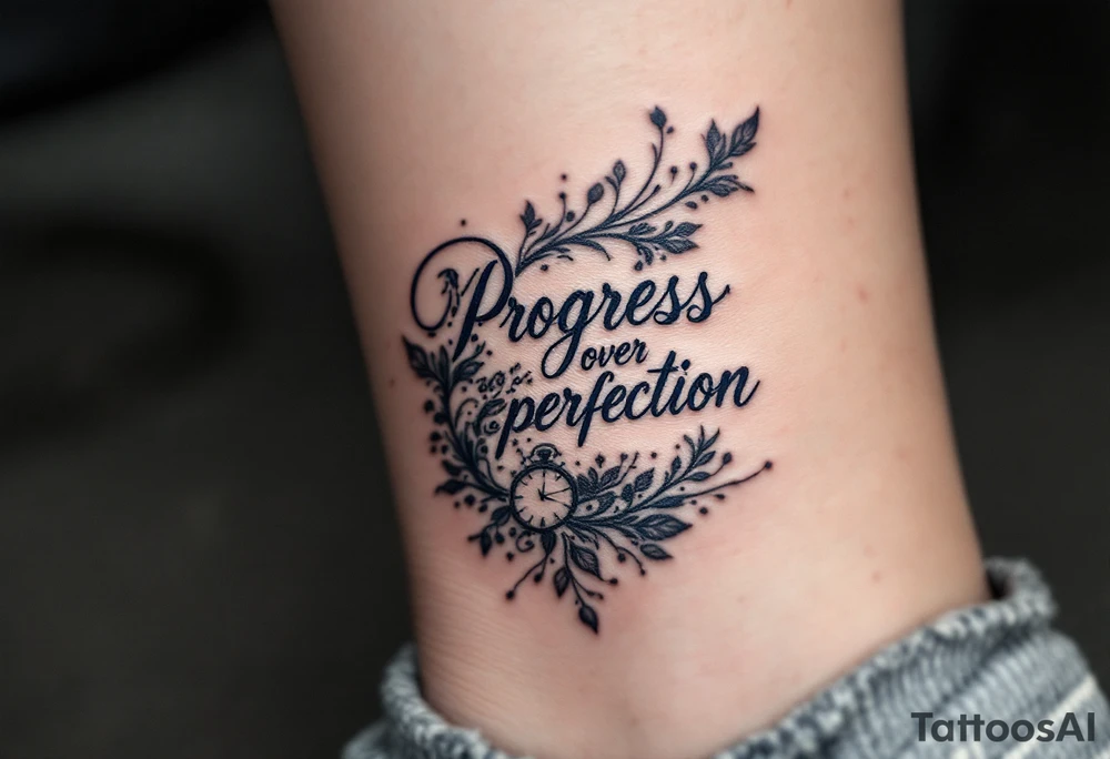 “Progress over perfection” in midnight blue, layered over a faded clock design in light gray. tattoo idea