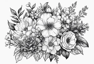 birth flower hand held bouquet with February March August August and October birth flowers tattoo idea