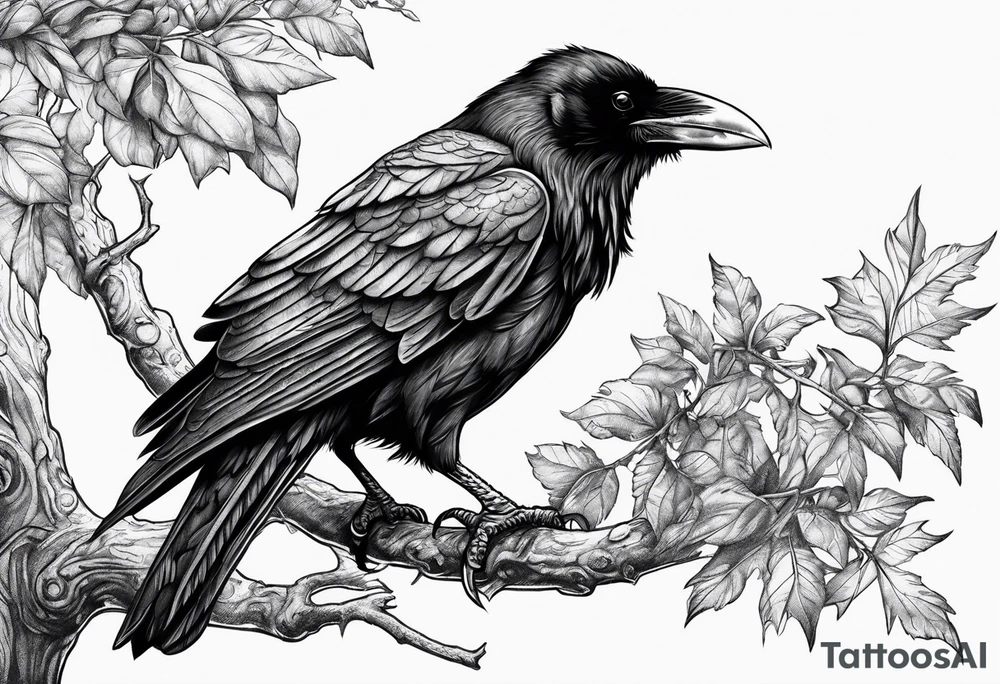 Evil Raven standing  on a tree branch tattoo idea