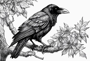 Evil Raven standing  on a tree branch tattoo idea