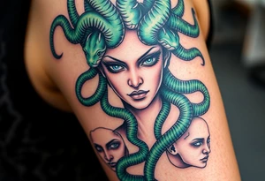 A detailed Medusa portrait with emerald-green serpents, her gaze hypnotic, surrounded by shattered stone faces of her victims tattoo idea