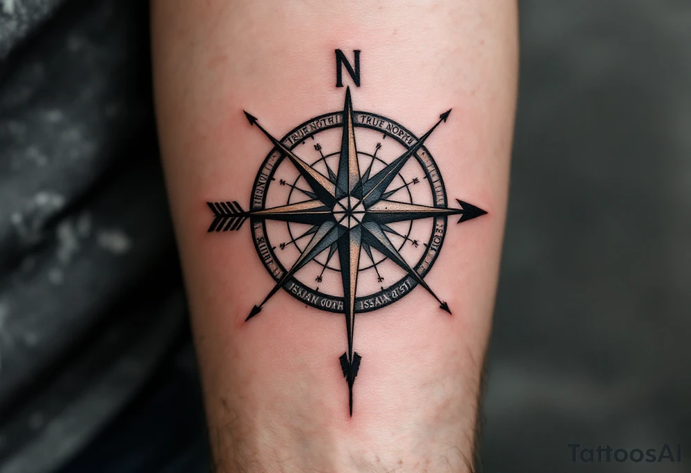 Rustic half compass with a long native American arrow pointing at my wrist with the words “True North” and says "Isaiah 40:31" tattoo idea