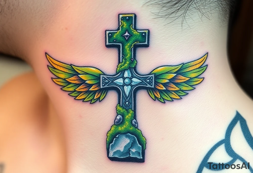 A moss-covered stone cross, with soft green and gold wings resembling leaves in autumn tattoo idea