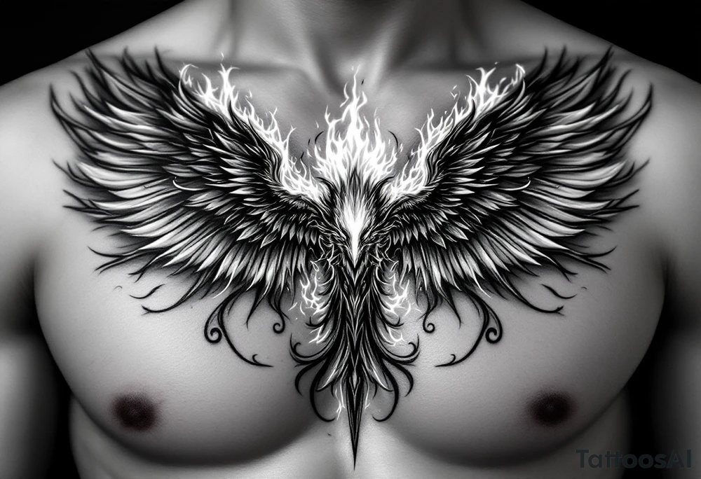 Realistic and symmetrical flaming Phoenix rebirth with spread wings in a down motion surrounded by fire mapped onto chest only.
Phoenix head must be in the middle of the chest, straight and symmetrical.
Fire should be surrounding spread wings
Wings should be spread down only on pectoral muscle around the nipples. tattoo idea