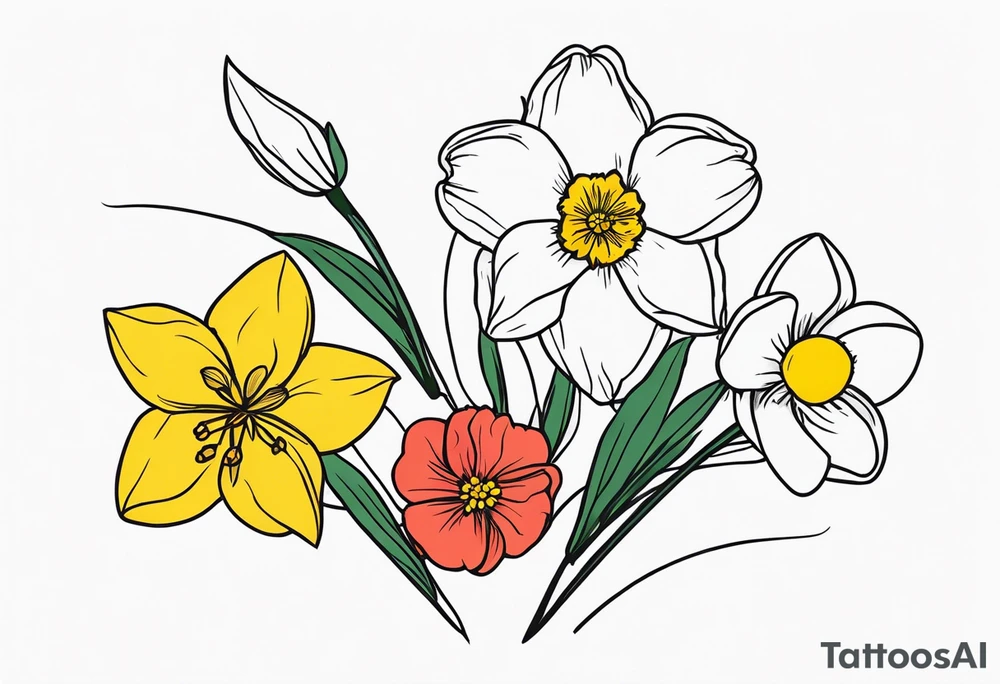 Two carnations, Two daffodils, One snowdrop, One hawthorn flower, Two honeysuckle blooms, tattoo idea