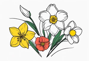 Two carnations, Two daffodils, One snowdrop, One hawthorn flower, Two honeysuckle blooms, tattoo idea