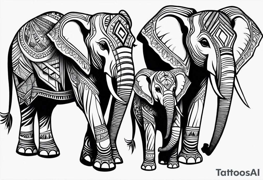 Mama tribal elephant facing forward. 2 girl baby elephants with bows sitting down and 1 baby boy elephant with bow tie sitting down tattoo idea