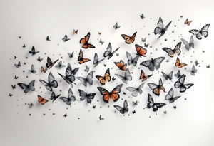 Many different butterflies in many different sizes and colors at least one monarch and in many stages of flight tattoo idea