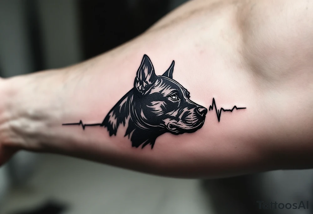 Stafford Heartbeat Tattoo – A heartbeat line turning into the silhouette of a Staffordshire Bull Terrier head in black ink, symbolizing their place in your heart. tattoo idea