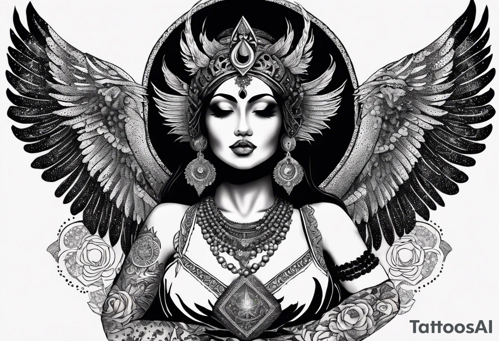 black kali, goddess pirate, alien, angel, pachamama, valkrye, warrior, flying, skull, lotus azul, wing, eagle, zenza resonance, stars, 5D, anahata chakra, death, durga, riding on a tiger, flying lady, kundalini, chest tatoo, samuri, rebel tattoo idea