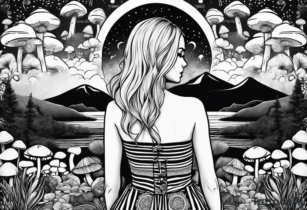 Straight blonde hair girl facing away toward mountains surrounded by mushrooms crescent moon mandala circular design black and white striped dress tattoo idea