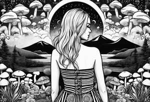 Straight blonde hair girl facing away toward mountains surrounded by mushrooms crescent moon mandala circular design black and white striped dress tattoo idea