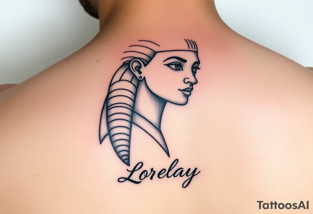Créame un diseño en miniatura para el bíceps de un personaje principal chica 
de la cultura de egipcia con el nombre de lorelay escrito por debajo del diseño tattoo idea