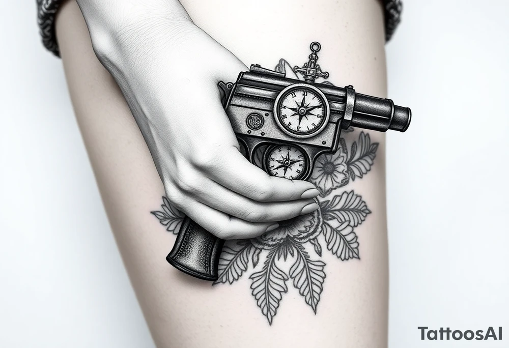 Feminine hand holding hand gun and compass, lace in background tattoo idea