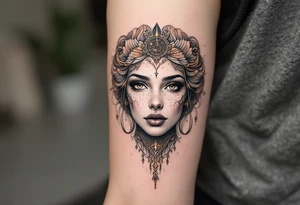 A realistic maiden’s face in grayscale is crowned with Virgo’s constellation in glittering copper tones. tattoo idea
