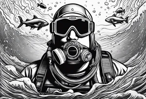 ice berg from underwater with a scubadiver swimming below it tattoo idea
