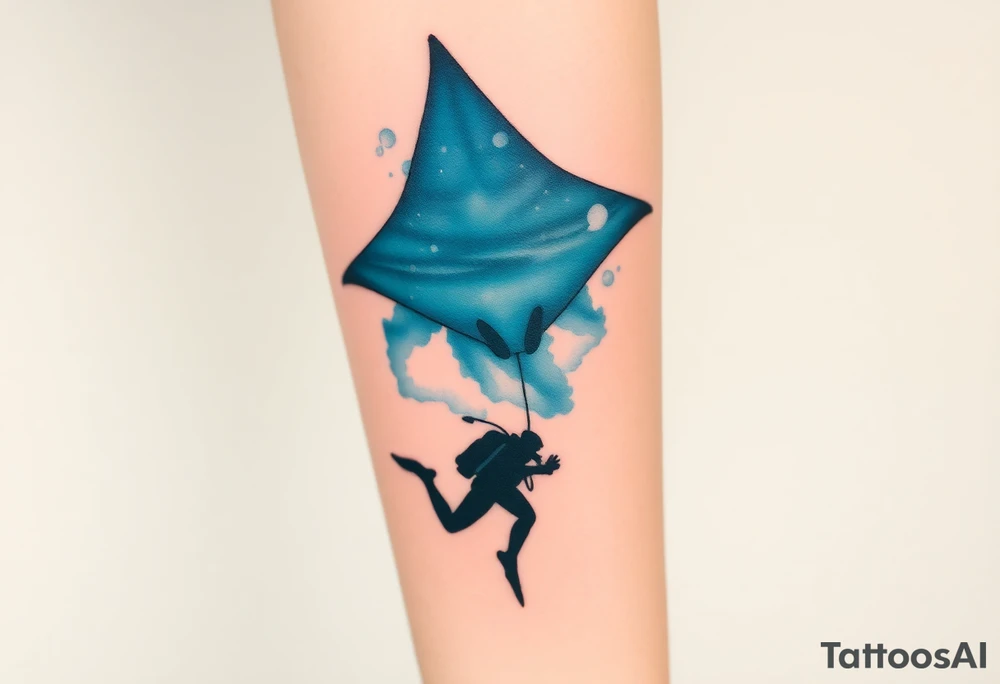 Manta ray silhouette above, scuba diver underneath, water backround tattoo idea