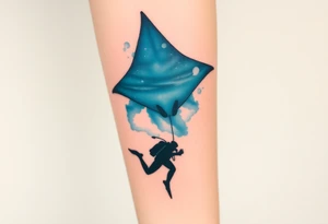 Manta ray silhouette above, scuba diver underneath, water backround tattoo idea