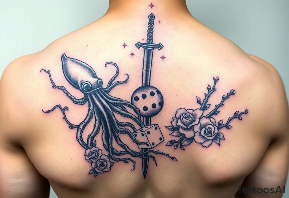 squid and knight combined with tree roots, cherry blossoms and roses rolling dice tattoo idea