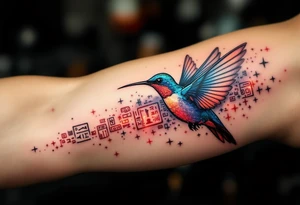 A hummingbird leaving a trail of glowing hieroglyphs as it flies(only red, blue and black are possible colors) tattoo idea