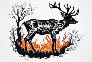 side profile of a DECAYING deer skeleton JUST BONE supernatural cannibal surrounded by a flames and trees tattoo idea