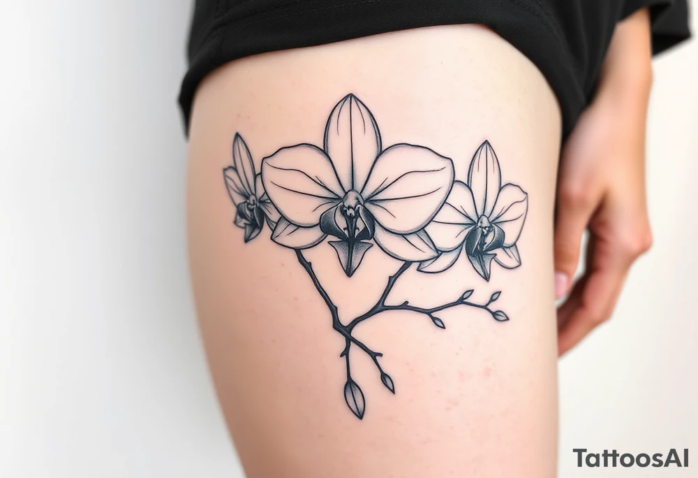 3 delicate fine line orchids realistic with a mix with vagina and branching tattoo idea