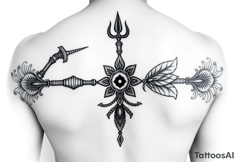 Intricate Hindu spiritual arm band tattoo featuring Lord Shiva’s Trishul as the central element, with one prong designed as Hanuman’s Gada and the other adorned with Shri Krishna’s peacock feather, a detailed Shiva Damru placed at the center of the Trishul, fine line art with black ink, symmetrical design wrapping around the arm, traditional Indian sacred motifs, dotwork and shading for depth, highly detailed, divine and powerful aesthetic" tattoo idea