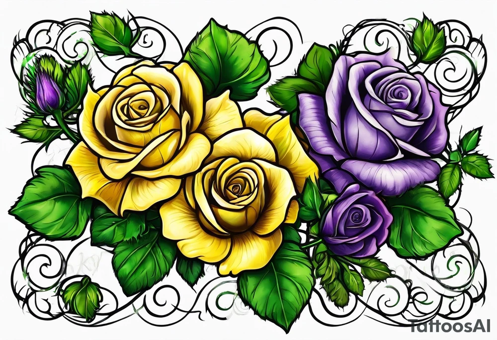 Yellow rose, purple thistle, and green shamrock with lettering KND tattoo idea