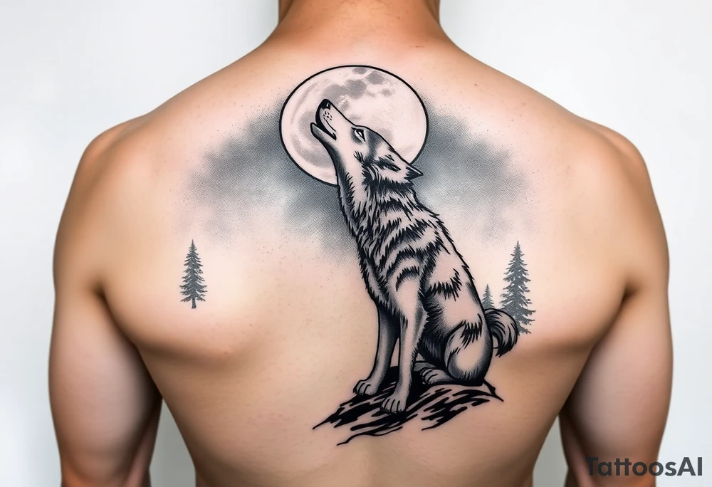 lone wolf howling at full moon with northern lights backdrop tattoo idea