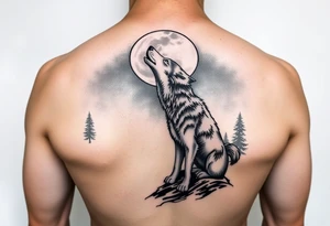 lone wolf howling at full moon with northern lights backdrop tattoo idea
