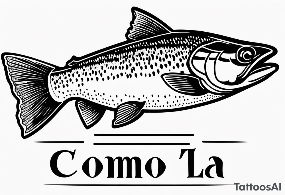 A small tattoo with a shaded trout and text that says, 'Como la trucha...' drawn with fine lines." tattoo idea