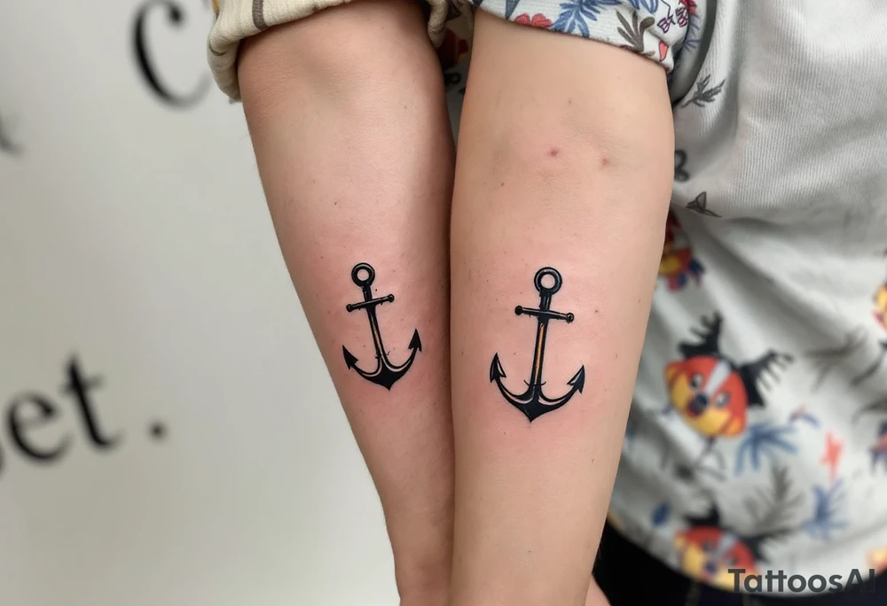 Matching man and woman tiny black anchor tattoos, the father’s on the upper arm tattoo idea