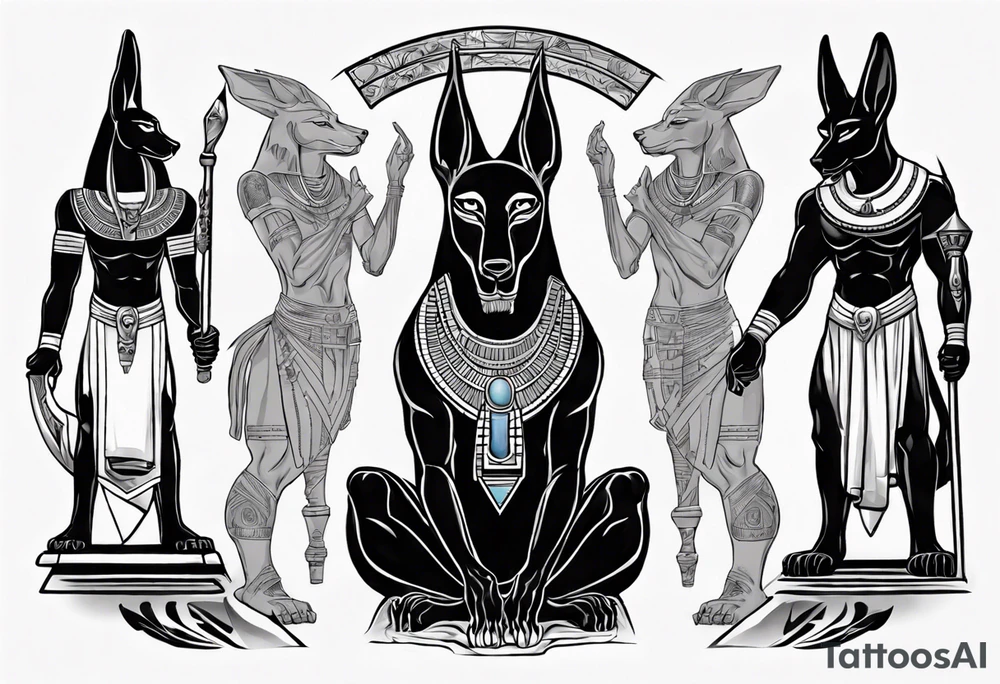 Anubis with some Egyptian mythology background that is 20 cm in length and 10 - 12 cm wide tattoo idea